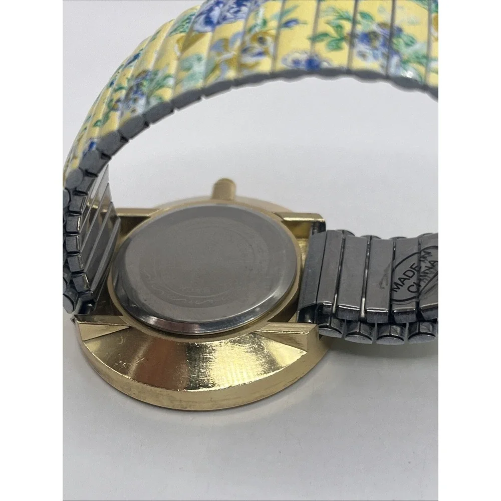 Vice Versa Women's Quartz Watch‎ Floral Stretch Band Gold 40mm Case- New Battery